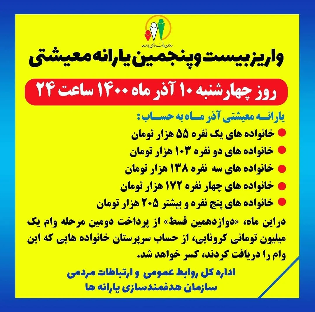 بیست و پنجمین مرحله یارانه معیشتی در روز چهار شنبه ۱۰ آذرماه واریز می‌شود